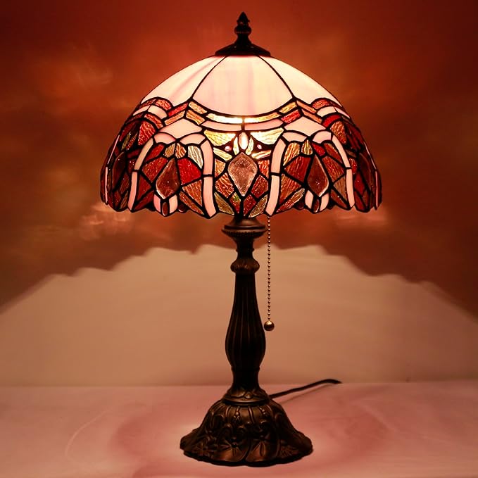 Tiffany Table Lamp Stained Glass Lamp 12X12X19 Inch Antique Reading Light (Pink Jewelry)