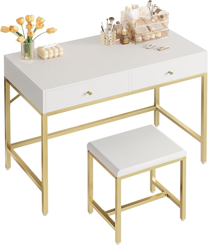 SUPERJARE 31.5" White and Gold Desk with 2 Drawers, Modern Makeup Vanity with Padded Stool, Small Computer Desk Home Office Desk for Writing Study Bedroom