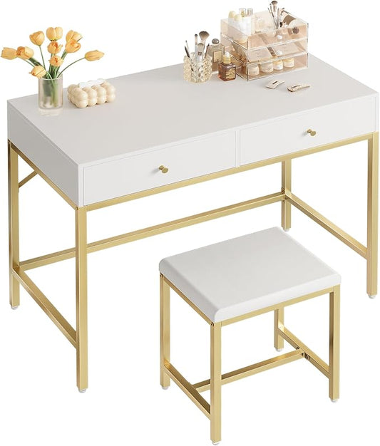 SUPERJARE 31.5" White and Gold Desk with 2 Drawers, Modern Makeup Vanity with Padded Stool, Small Computer Desk Home Office Desk for Writing Study Bedroom