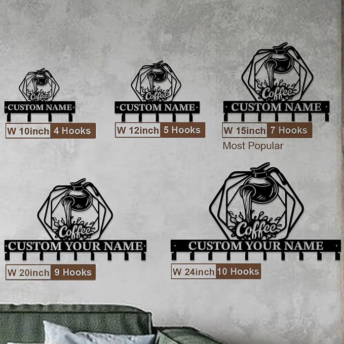 Coffee Bar Keys Holder - Metal Iron Wall Hooks with Custom Name | Personalized Home Decor & Gift Idea | Coffee-Themed Text Engraving Design (Style F)