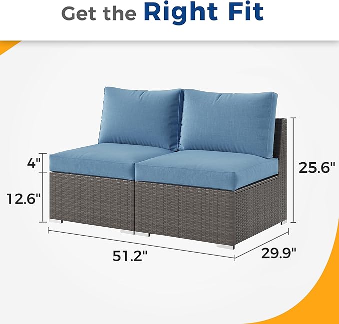 Wisteria Lane Patio Furniture Set, 2 Pieces Armless Wicker Outdoor Furniture Patio Couch with Washable Cushions, Oversized Outdoor Sectional for Garden, Poolside, Backyard, Blue