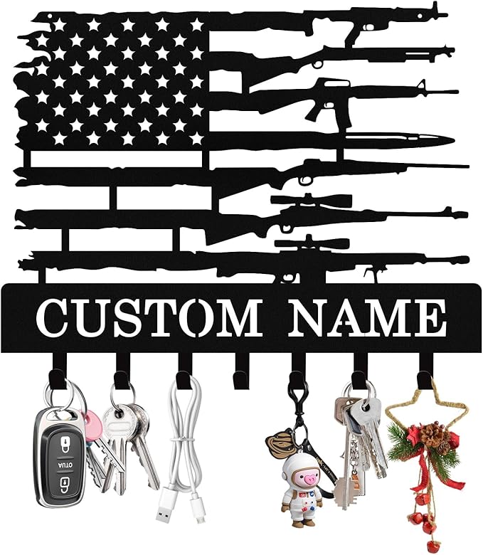 Personalized Flag Forest Key Holder Wall Mount, Custom Metal Key Holder for Wall with Name, Custom Keys Rack Hanger with Hooks for Entryway, Front Door, Hallway, Living Room, Kitchen
