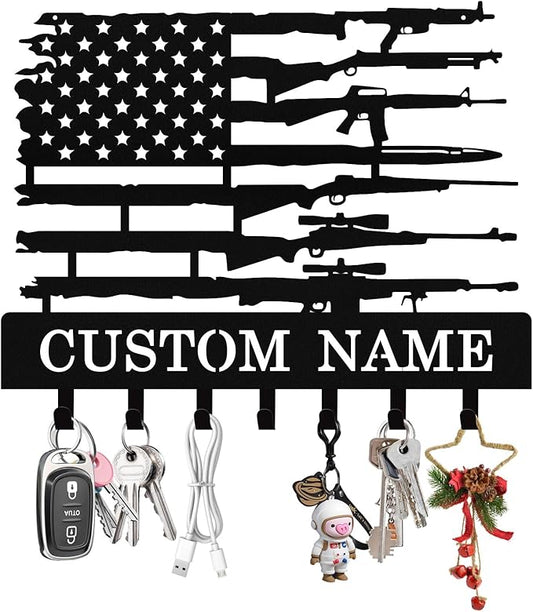 Personalized Flag Forest Key Holder Wall Mount, Custom Metal Key Holder for Wall with Name, Custom Keys Rack Hanger with Hooks for Entryway, Front Door, Hallway, Living Room, Kitchen