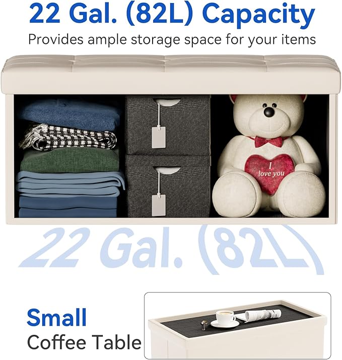 BRIAN & DANY 30 Inches Storage Ottoman Bench, Faux Leather Ottoman with Storage, Folding Bench Shoe, Foot Rest Stool, for Living Room, Beige