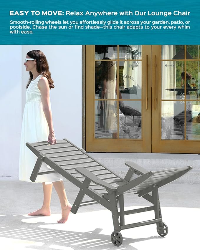 Outdoor Lounge Chair Set of 4, All Weather Patio Chaise Lounge Chairs for Outside, HDPE Chair with Rolling Wheels & Cup Holder, 5 Position, Deck, Pool, Grey