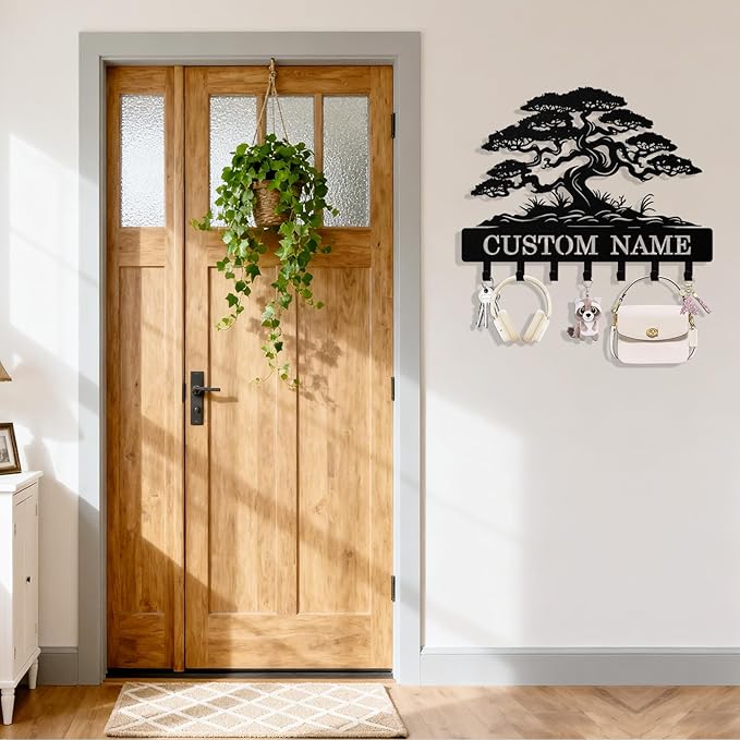 Personalized Key Holder Wall Mount, Custom Tree of Life Metal Keys Holder for Wall with Name, Wall Key Hanger Rack with Hooks for Entryway, Front Door, Living Room, Kitchen, Bathroom, Garden