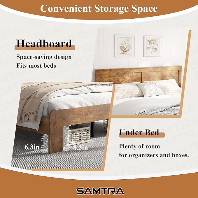 Wooden Bed Frame King Size with Headboard, Farmhouse Platform Bedframe with Wood Slat Support, Sturdy Framework Bed Frame, Easy Assembly (Rustic Brown)