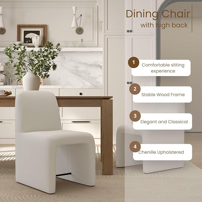 White Upholstered Chenille Dining Chairs Set of 2, Mid Century Modern Dining Room Chairs with Deep Seat & Curved Back, Armless Side Chair Comfy Kitchen Chairs for Living Room/Kitchen