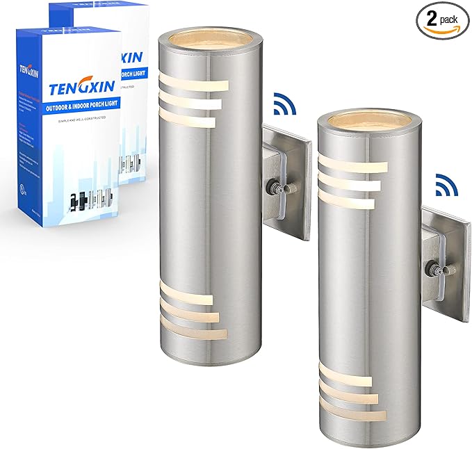 TENGXIN 2 Pack Dusk to Dawn Patio Wall Light Cylinder,Up Down Modern Outdoor Wall Sconce with Stainless Steel Cylinder,Brushed Nickel Exterior Lighting Fixtures