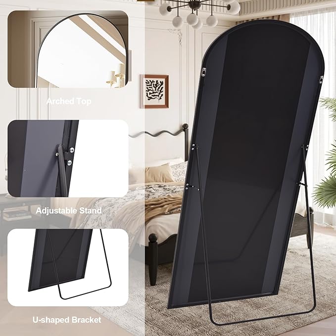 Mirror Full Length, 78"x35" Oversized Arched Floor Full Length Mirror with Stand, Room Decor Big Full Body Floor Mirror with HD Tempered Glass Aluminum Frame for Bedroom Living Room, Black