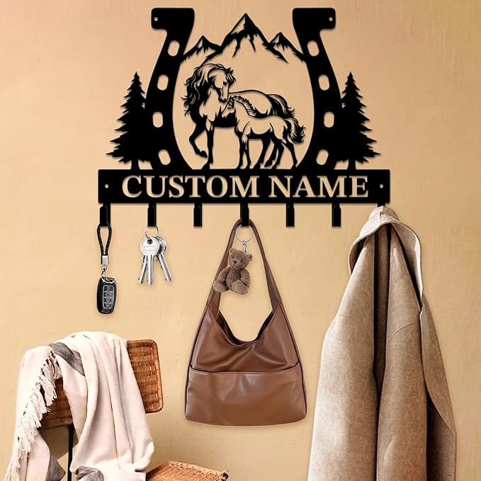 Personalized Custom Name Farm Horse Wall Key Hooks,Metal Horse Art Clothes Hooks,Metal Horse Wall Home Storage Decorative,For Front Door, Hallway, Kitchen, Bedroom,Keys,Hats (Style D)