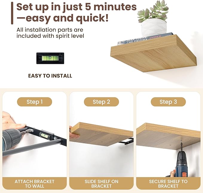 Fun Memories Square Floating Shelves for Wall - 9.3 Inch Deep Floating Shelves with Invisible Brackets, Oak Small Wall Shelf for Living Room, Bathroom, Bedroom, and Kitchen Decor，Set of 4