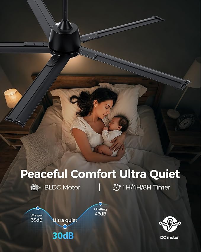 62 Inch Black Aluminum Ceiling Fan with Light,Smart ceiling fan with Alexa and APP(via WIFI),6 Speed,3CCT,Quiet DC Outdoor Indoor fan for patio and Living Room