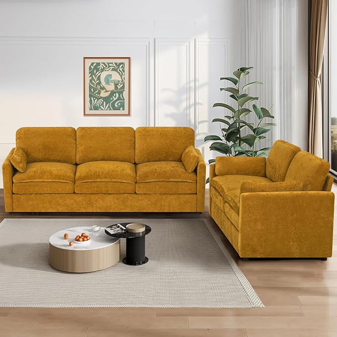 2 Pieces Chenille Sofa Set w/Throw Pillows, Upholstered Loveseat & 3 Seater Sofa w/Comfortable Back Cushions, Modern 2-Seat & 3-Seat w/High-Density Foam for Living Room, Apartment, Yellow