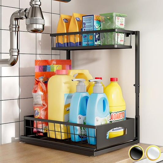 Under Sink Organizer and Storage, Height Adjustable Cabinet Organizer with Slide Out Drawer, Pull Out Under Sink Storage, Multi-Purpose 2 Tier Sink Shelves for Kitchen Bathroom Pantry (Black, 1 Pack)
