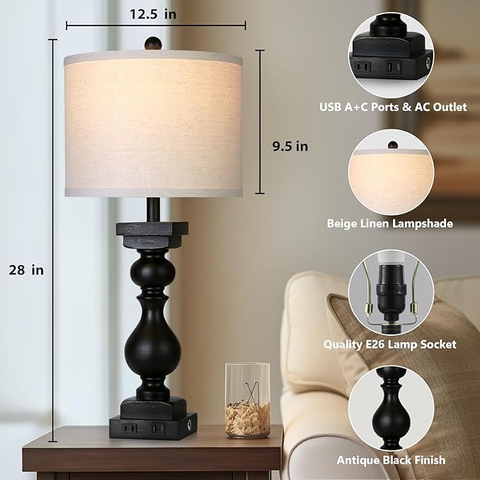 28" Tall Farmhouse Table Lamps Set of 2 with USB C+A Ports and AC Outlet, 3 Way Touch Tall Rustic Bedside Lamps for Living Room, Black Vintage Lamps for Bedroom