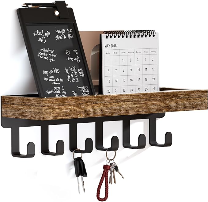 SWTYMIKI Key Holder Wall Mount - Wooden Key Hooks for Wall with Mail Organizer & 6 Hooks, 2 Installation Ways Key Hanger, Key Rack with Shelf for Entryway Living Room Bedroom Office Home Decor Brown