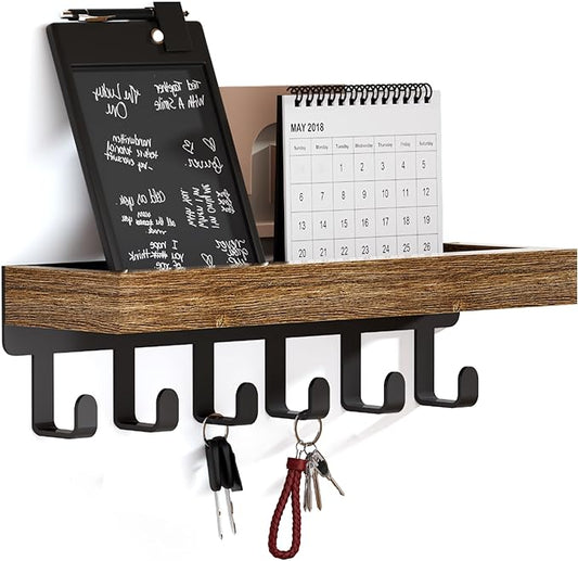SWTYMIKI Key Holder Wall Mount - Wooden Key Hooks for Wall with Mail Organizer & 6 Hooks, 2 Installation Ways Key Hanger, Key Rack with Shelf for Entryway Living Room Bedroom Office Home Decor Brown