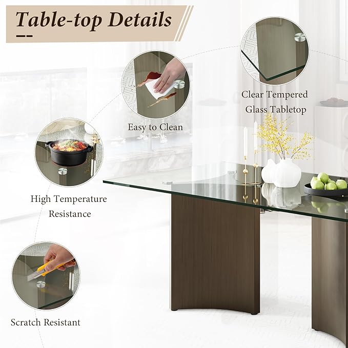 Asday 78” Modern Glass Dining Table, Rectangular Tempered Glass Kitchen Table with Dual Triangular Stainless Steel Pedestal for Living Room, Kitchen, Dining Room, Brushed Bronze
