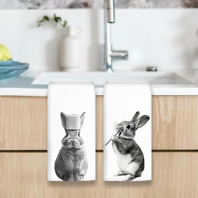 Funny Bunny Hand Towels Set of 2, Funny Rabbit Forest Animal Brush Teeth Hand Towels for Bathroom Washroom Restroom, Bunny Decor Gifts for Kids, Cute Rabbit Kids Nursey Bathroom Decor,16x24In