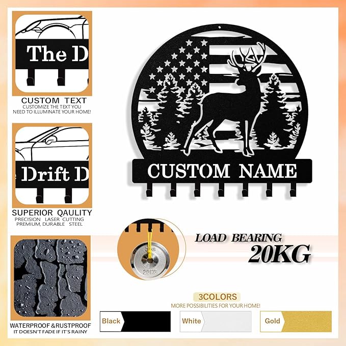 Personalized Deer Key Holder Wall Mount, Custom Metal Keys Hanger for Wall with Name, Custom Key Rack Holder with Hooks for Home, Entryway, Front Door, Living Room, Kitchen, Bathroom