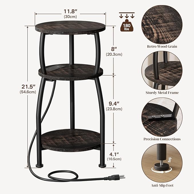 Round Side Table with Power Outlet & USB Ports, 3-Tier End Table with Storage Shelf, Modern Rustic Nightstand, Small Spaces Accent Table for Living Room Bedroom, Easy Assembly, Oak Dark