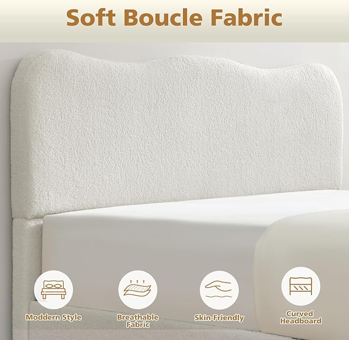 VELOCAVA Queen Size Upholstered Bed with 4 Storage Drawers, Modern Upholstered Bouclé Platform Frame with Curved Headboard, Sturdy Wood Slats, Rounded Corners, No Box Spring Needed, Cream White