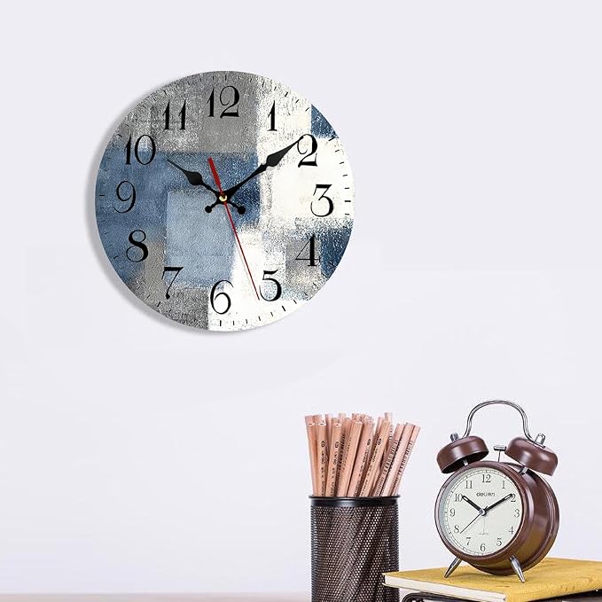 ArtSocket Wooden Wall Clock Silent Non-Ticking, Blue White Grey Abstract Painting Gray Vintage Round Wall Clocks Decor for Home Kitchen Living Room Office, Battery Operated(12 Inch)