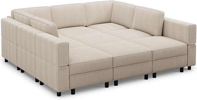 88.6" 9 Seat Modular Sectional Sofa with Deep Storage Seat,Corduroy Comfy Sectional Couch Convertible Modular Sleeper Sofa Couch with Movable Ottoman,Upholstered Couches for Living Room,Beige