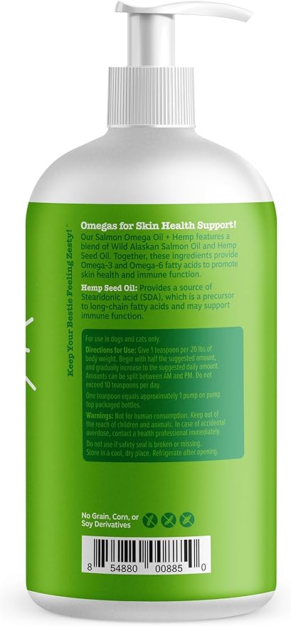 Zesty Paws Salmon Omega Oil Hemp for Dogs and Cats with Wild Alaskan Salmon Oil Omega 3 and 6 Fatty Acids with EPA DHA for Pets Supports Normal Skin Moisture and Immune System Function 32oz