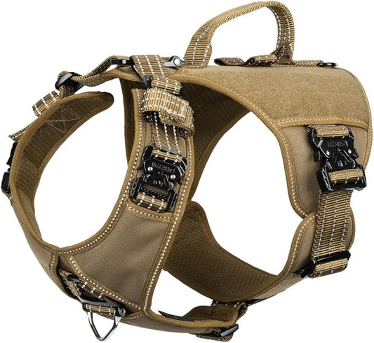 ICEFANG GN8 Tactical Dog Harness with 4X Metal Buckles for Medium Sized Dogs,Reflective in Training Walking K9 Vest,No-Pull Front Leash Clip,Adjustable Pet Harness (Brown, Medium (Pack of 1))