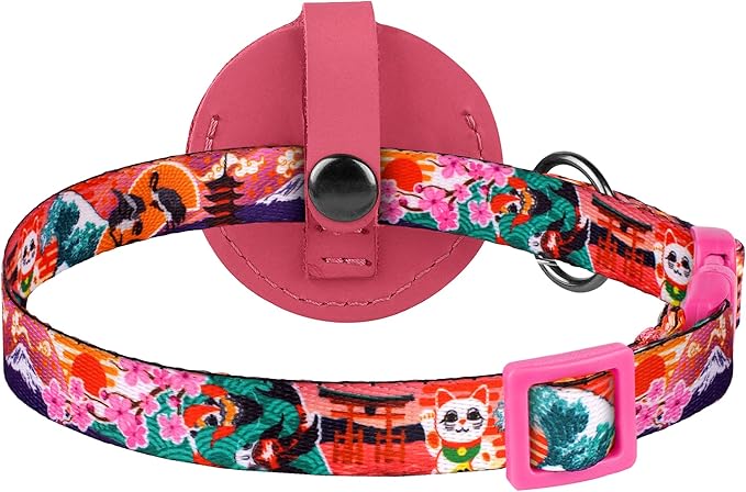 Airtag Cat Collar with Bell - Non Breakaway Soft Pet Collar with Leather Air Tag Holder - Adjustable GPS Anti-Lost Collars for Girl Boy Cats Kitten Puppies, Lightweight and Patterned (Japanese)