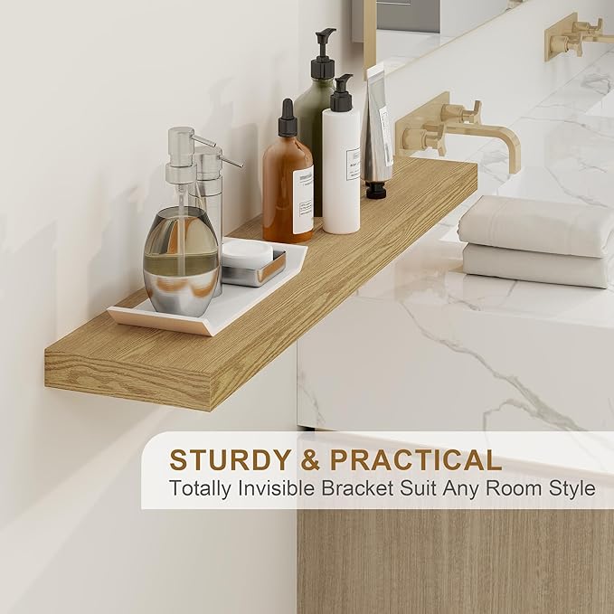 Fun Memories 66 Inch Fireplace Mantel - Long Floating Shelf, Wall Mounted Farmhouse Display with Invisible Heavy Duty Metal Bracket, Oak, 2 Pack