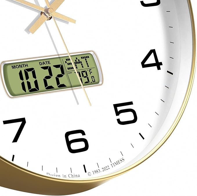 Wall Clock, 12" Dial Non-Ticking Silent Battery Operated Analog with LCD Display for Perpetual Calendar and F° Temperature, Ideal Modern Home, Bedroom, Kitchen, Office Decor (Gold)