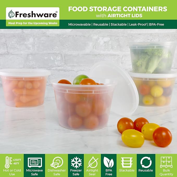 Freshware Food Storage Containers [36 Set] 16 oz Plastic Deli Containers with Lids, Slime, Soup, Meal Prep Container BPA Free Stackable Leakproof Microwave/Dishwasher/Freezer Safe (Pack of 10)