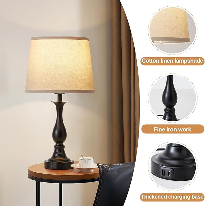 Bedside Table Lamp Touch Control Bedroom Lamps with USB A and C Charging Port 3 Way Dimmable Touch Lamps for Nightstand Living Room Bedroom Dorm Home Office Reading, Set of 2