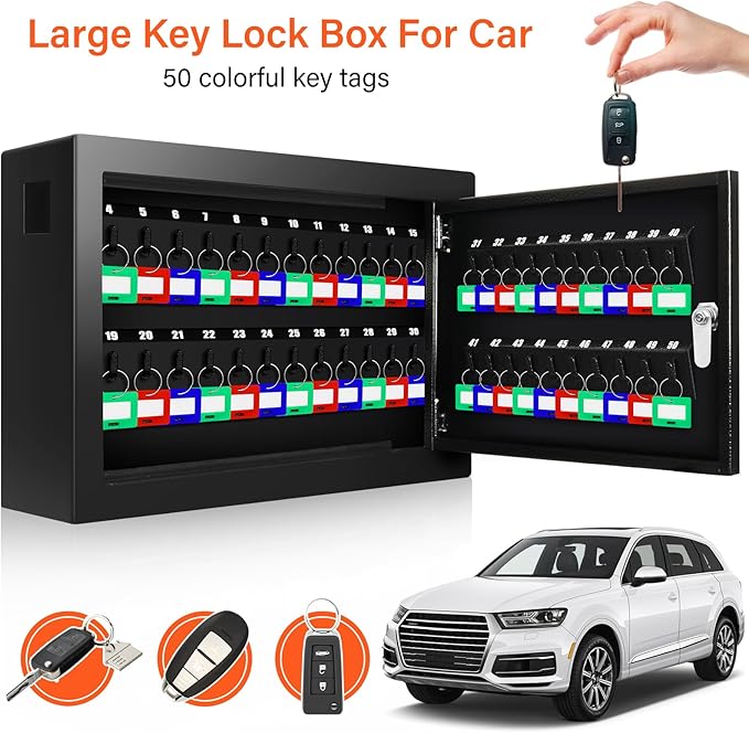 50 Keys Key Cabinet, Anti-Theft Key Lock Box with Key Tags, Adjustable Key Organizer Wall Safe for Car Office House Garage Rental Business