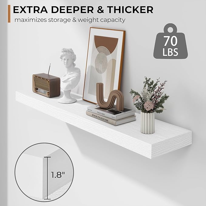 Fun Memories 36 Inch Floating Shelves - Deep Rustic White Wooden Wall Shelves - Extra Deeper & Thicker Wall Mounted Storage Shelf for Bedroom, Kitchen, Farmhouse - 2 Pack, Rustic White