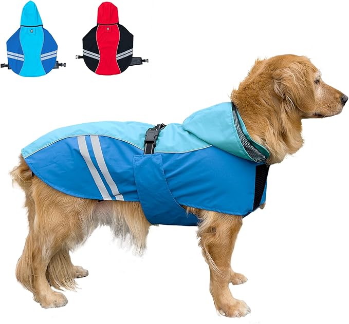 Dog Raincoat for Medium Large Extra Large Dogs, Waterproof Rain Jacket with Reflective Strap, Lightweight Hoodies Full-Body Coverage Dry Clothes (L, Blue)