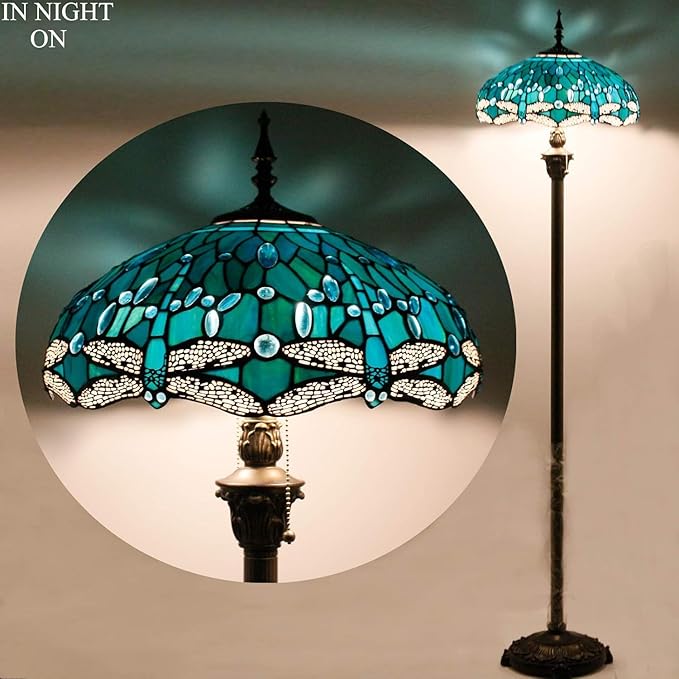 WERFACTORY Tiffany Floor Lamp Dragonfly Green Stained Glass Standing Reading Light 16X16X64 Inches Antique Pole Corner Lamp Decor Bedroom Living Room Home Office S622 Series