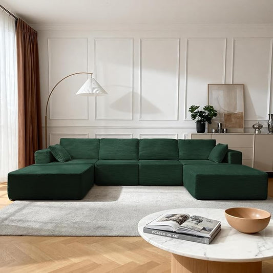 137” Modular Sectional Sofa Couch, 4-Seater U-Shape Sofa with Ottoman, Memory Foam Compressed Sofa, Free Combination Couch for Living Room,No Assembly Needed (Green, 4 Seats+ 2 Ottoman)