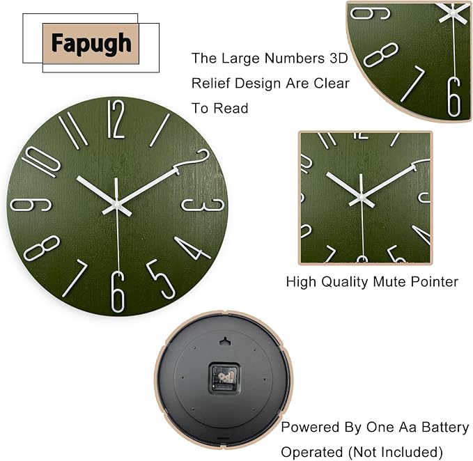 Wall Clock, Silent Clock, Wall Clocks Battery Operated， 12 inch Modern Wall Clock, Suitable for Offices, Living Rooms, Kitchens, Homes, Schools (Green)