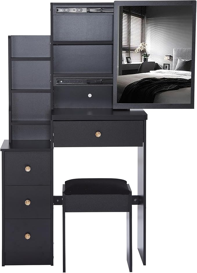 Small Makeup Vanity Desk with Mirror, Small Vanity Desk Set with Hidden Chair, Compact Vanities Table with Compact Space Storage Stool, 4 Drawers, Storage Shelves for Bedroom, Black