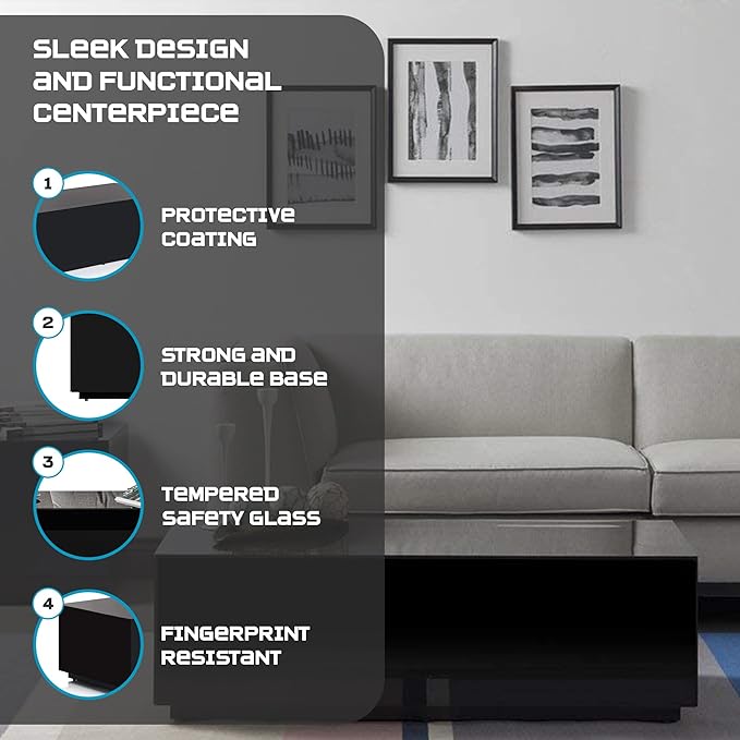 SONOROUS Premium Tempered Glass Coffee Table - Modern Black Rectangular Coffee Tables for Living Room - High Gloss Fingerprint Resistant Mid Century Design - Stylish Living Room Furniture & Décor