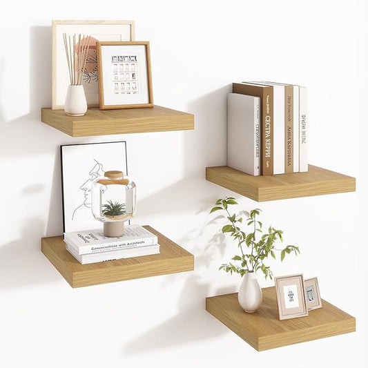 Fun Memories Square Floating Shelves for Wall - 9.3 Inch Deep Floating Shelves with Invisible Brackets, Oak Small Wall Shelf for Living Room, Bathroom, Bedroom, and Kitchen Decor，Set of 4