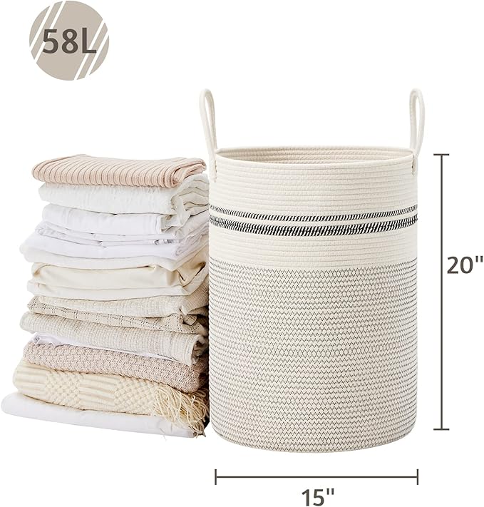 VIPOSCO Large Laundry Hamper, Tall Woven Rope Storage Basket for Blanket, Toys, Dirty Clothes in Living Room, Bathroom, Bedroom - 58L Stripe White