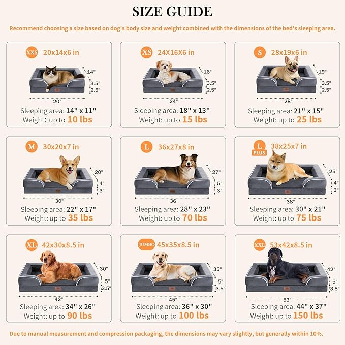 Comfort Expression Small Dog Beds Waterproof Orthopedic Foam Dog Sofa Beds for Small Dogs Comfy Pet Bed with Washable Removable Cover & Non-Slip Bottom(X-Small,Dark Grey)