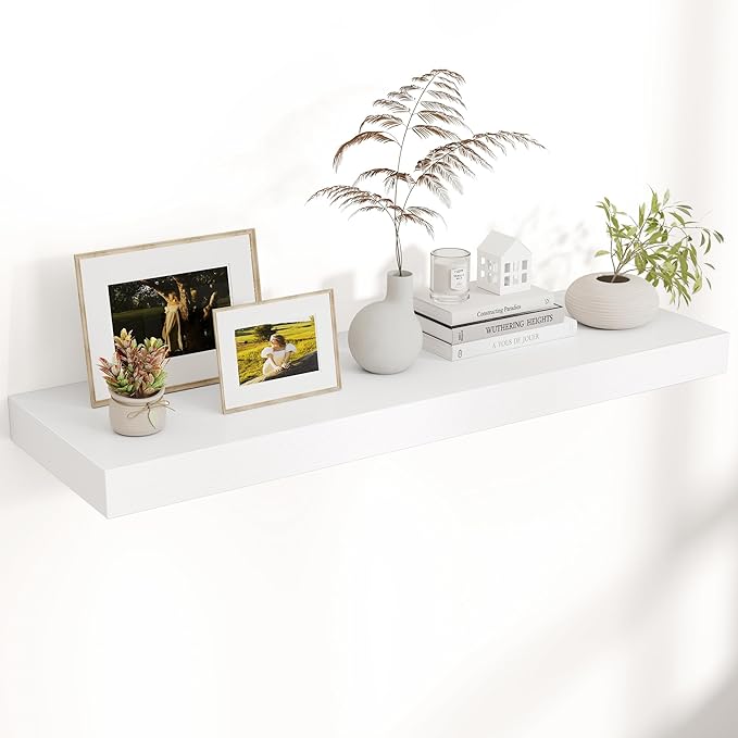 Floating Shelves for Wall, 40" W x 12" D x 2" H, 1 Pack of Long Wall Mounted Engineered Wood Shelves with Invisible Brackets for Living Room, Bedroom, Bathroom, Kitchen Decor, White