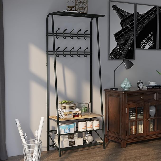 MDF Hall Tree with Bench, 4-in-1 Entryway Coat Rack with Storage Shelf & Shoe Organizer, Sturdy Freestanding Furniture for Living Room, Bedroom, Mudroom