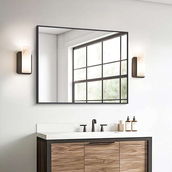 BONEWEI Bathroom Mirror,30x36 inch Wall Mirror for Bathroom Wall Mounted Black Rectangle Square Corner Mirrors, Black Bathroom Mirror for Living Room, Farmhouse, Bedroom Entryway, Horizontal/Vertical